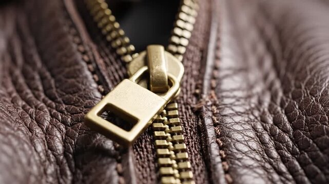Close up of golden metal zipper on brown leather material.