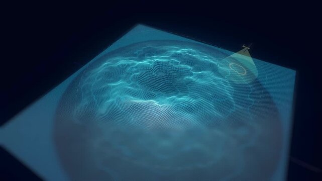 Digital terrain wireframe scanned by a drone in a 3D animation loop depicting data mapping and futuristic topography over a glowing blue mesh