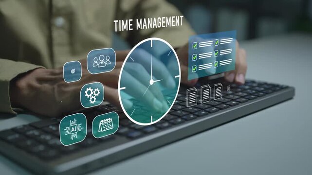 Time management with AI concept. Person typing keyboard with artificial intelligence and productivity icons, smart scheduling, task automation and efficient workflow management.