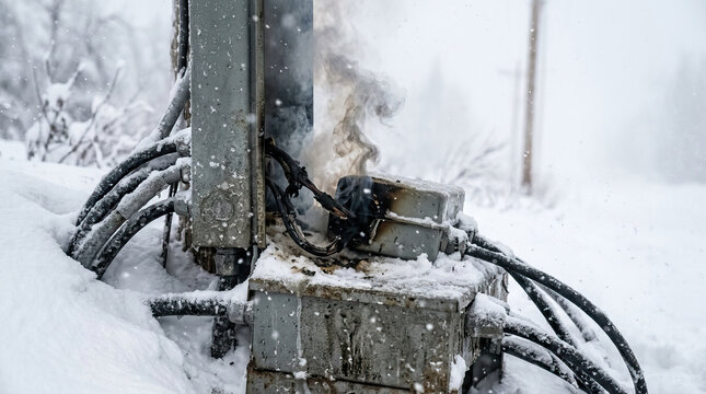 Electrical equipment snow winter smoke fire cable outdoor damage cold power hazard danger weather frost frozen ice emergency accident risk outage technology connection metal pollution environment