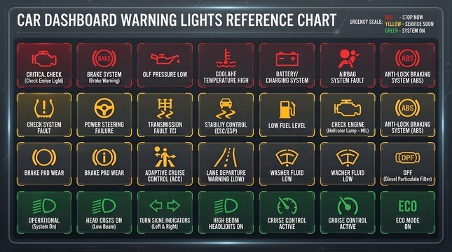 Car dashboard warning light meanings reference chart icon grid color coded urgency