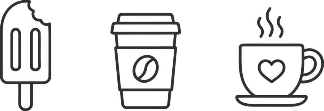 Set of simple outline icons for ice cream coffee and hot tea drinks