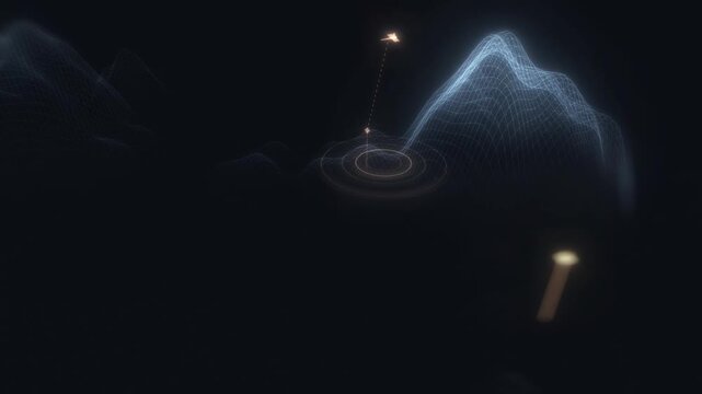 Sonar pulses radiate from an aircraft tracking mountainous digital terrains in a complex 3D animation loop visualizing geospatial telemetry and radar mapping