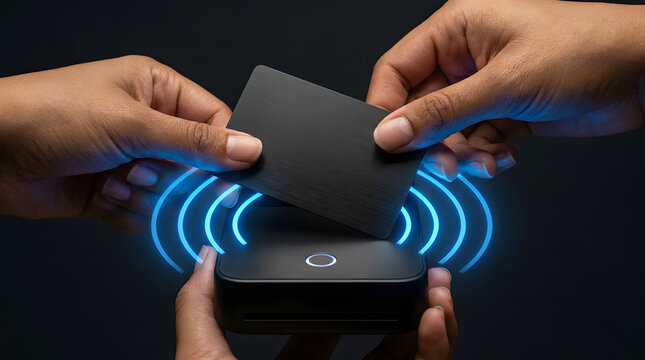 Contactless payment card being held by hand over a modern digital reader with glowing blue waves on black background