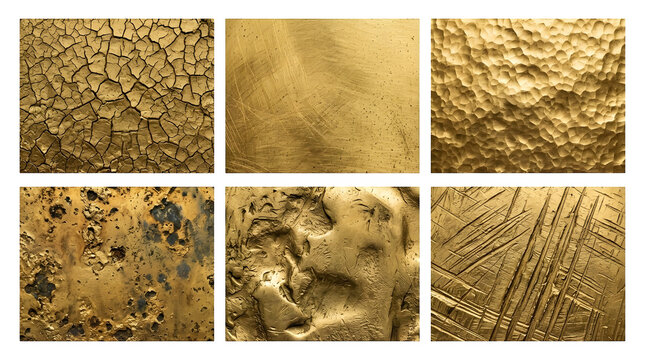 Metallic gold texture collection, 6 luxury golden foil backgrounds with cracked and hammered surfaces, distressed yellow metal material swatches isolated on Transparent Background
