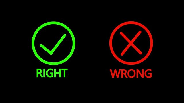 Green Check Mark and Red Cross Symbols on Black Background Right Wrong Animation 4K Loop video..