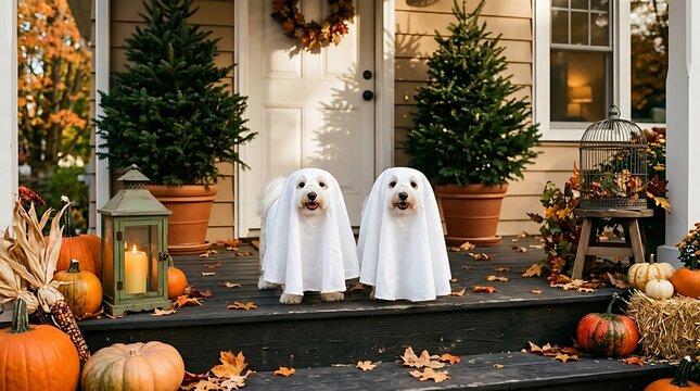 Two white dogs in ghost costumes on a decorated porch for Halloween