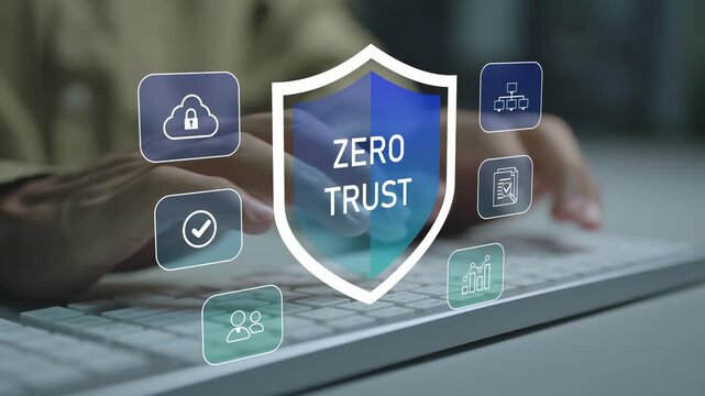 Zero Trust Security concept. Person typing keyboard with cybersecurity and identity verification icons, secure access control, continuous authentication and data protection.