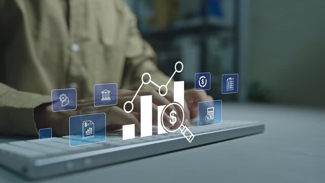 Digital financial data analysis concept. Person typing keyboard with charts and accounting icons, financial reporting, business insights and data driven planning.