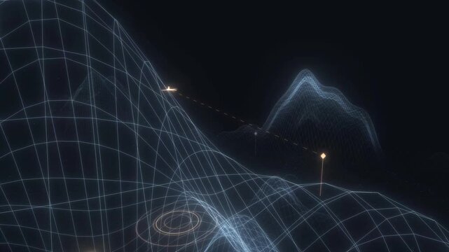 Concentric radar waves pulse across a grid landscape as an aircraft coordinates navigation data in a high-tech 3D render of cyber surveillance mapping
