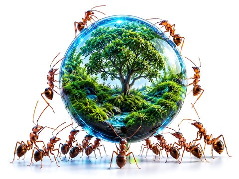 Group of ants working together to support a miniature ecosystem contained within a glass sphere