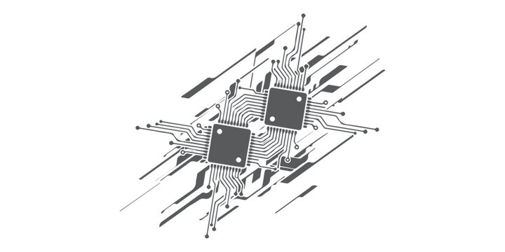 Two microchip computer processors with electronic circuit board lines and digital data connections