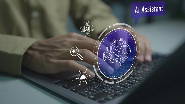 AI assistant with LLM concept. Person using laptop with artificial intelligence and language model icons, intelligent virtual assistant, natural language processing and productivity enhancement.
