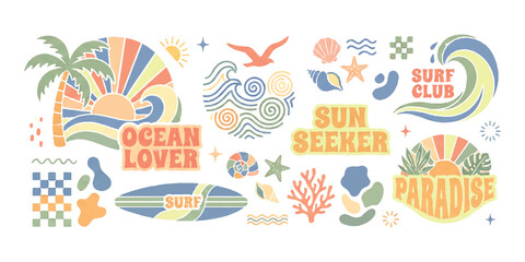 Retro summer surf stickers set with ocean waves palm trees and beach typography elements © md