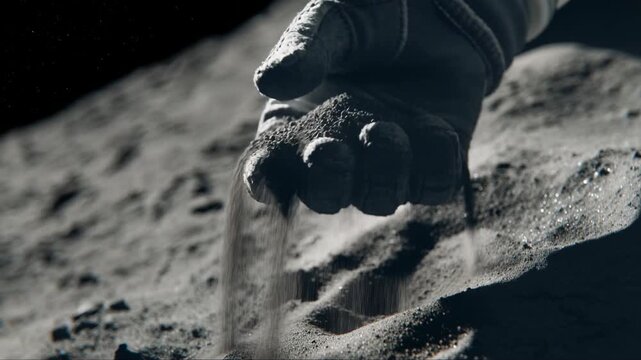 Astronaut studies lunar soil texture as dust falls through gloved fingers. Close up reveals fine regolith particles on moon surface in dramatic low key lighting.