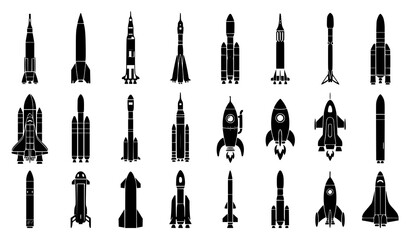 Obraz premium Black Rocket Silhouette Vector Set with Spaceship Launch Vehicle Missile and Space Exploration Icons Isolated on White Background
