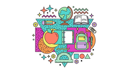 Fototapeta premium back to school concept with educational supplies books apple and backpack on colorful geometric background