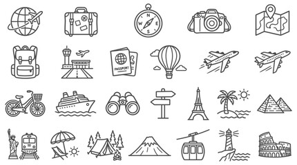 Fototapeta premium flat travel icon set with transportation landmarks and essentials for global tourism and adventure