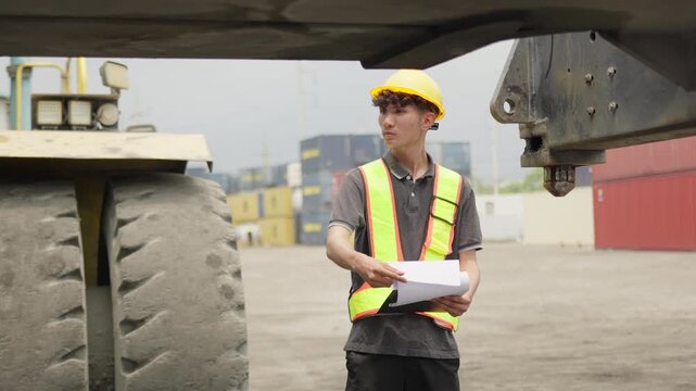 A diligent logistics worker inspects a shipping manifest for quality control at an industrial container terminal, overseeing supply chain operations.