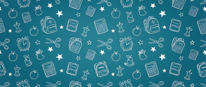 chalkboard pattern with school supplies drawings of backpacks apples calculators scissors and alarm clocks on teal background.