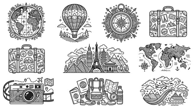 vintage travel icon set with globes compasses suitcases landmarks and exploration symbols