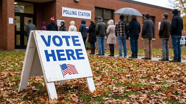 People waiting in line to vote at a polling station outside a brick building on a fall day.