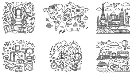 Obraz premium travel and tourism icon set with landmarks transport and global exploration concepts