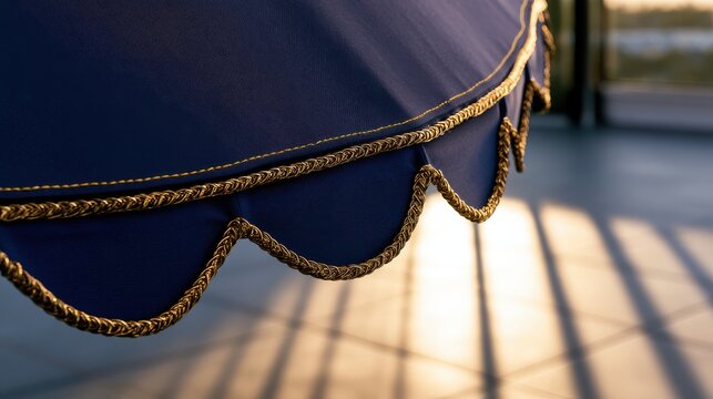 Close up of a luxurious blue patio umbrella with ornate golden trim