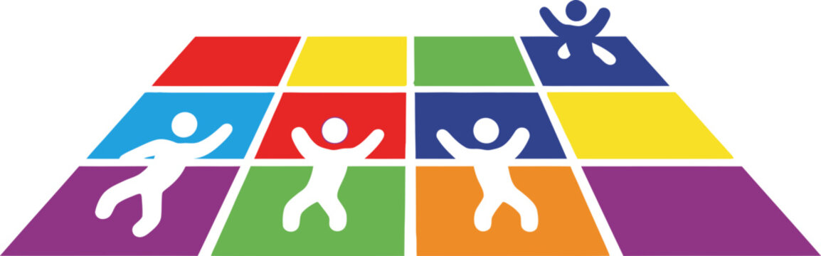 Diverse group of people dancing on colorful squares, representing unity and celebration