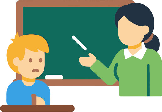 Teacher pointing at confused student in front of blackboard, education concept illustration