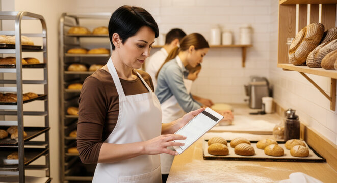 Bakery owner checking online orders on tablet while working in family-run bakery with fresh bread and staff in the background