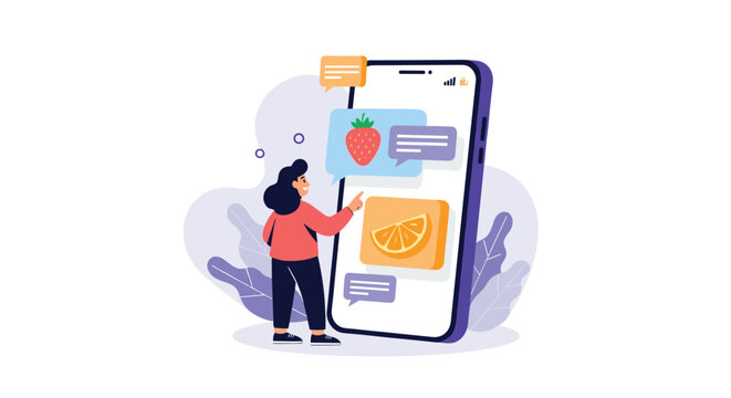 Young woman uses a giant mobile phone screen to select fresh fruits and place a healthy grocery order online.