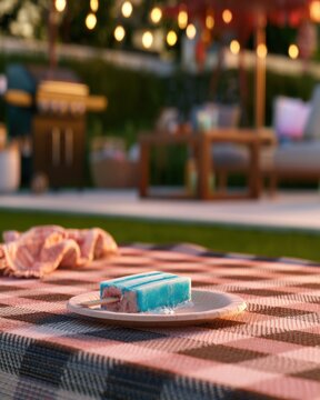 Bomb pop popsicle dripping blue melt on a picnic table