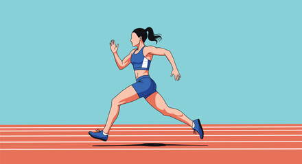 Obraz premium Determined female athlete in blue sportswear sprinting fast on a running track during an athletic championship.