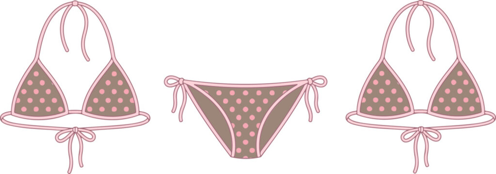 Polka dot bikini set front and back view, pink and brown halter swimwear vector illustration for summer fashion design