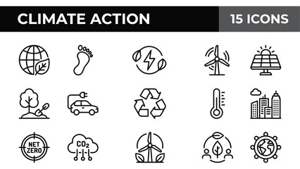 Fototapeta premium Climate action line icons set of 15 vector elements. Sustainability and renewable energy icons for net zero projects.