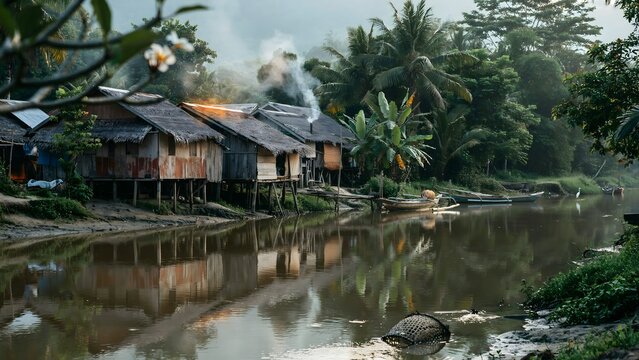 Riverside village in southeast asia traditional stilt houses and boats
