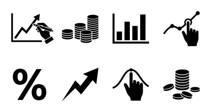 Financial Growth Icons, Business Analytics Symbols, Investment Charts, Money Stack Graphics, Vector Set