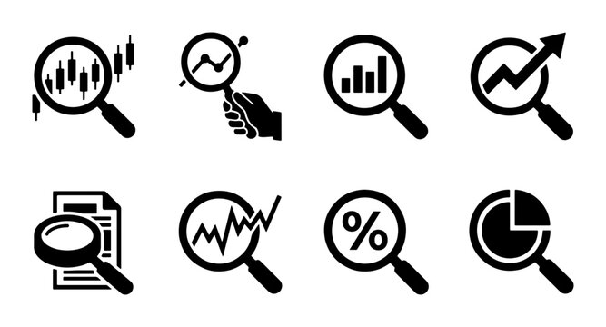 Magnifying Glass Icons: Data Analysis, Financial Charts, Business Growth, Market Trends