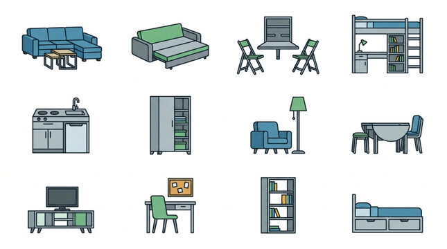 Collection of modern furniture icons for interior design.
