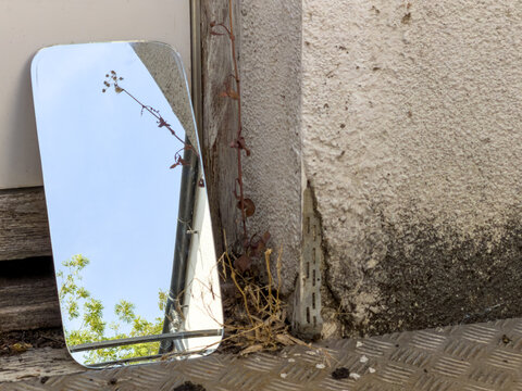 Mirror against an old weathered wooden door with old cracked painted walls and weeds 