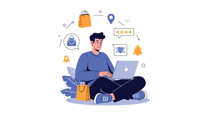 Young man sitting on the floor while happily shopping online on his laptop surrounded by e-commerce icon elements.