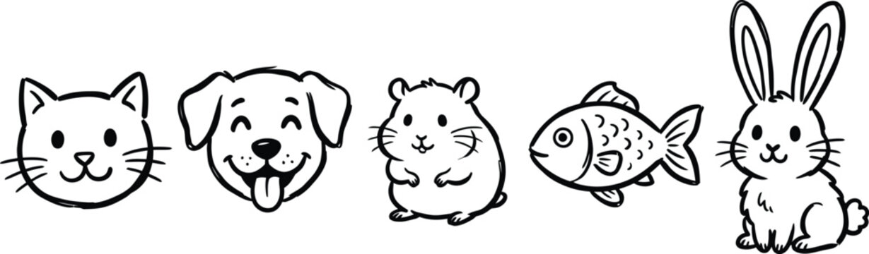 Cute animal icons of cat dog hamster fish and rabbit