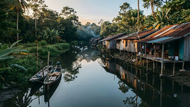 Borneo river village traditional stilt houses and longboats at sunrise