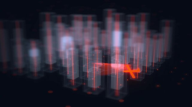 Abstract drone navigates a dense digital grid of glowing glass blocks in a futuristic 3D render for data visualization and finance technology concepts