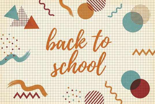 Back to school text with retro geometric shapes and wavy lines on a grid paper background, colorful abstract design elements for education theme, vintage style.