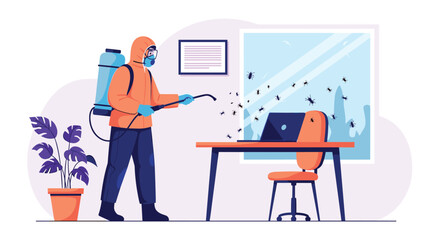 Fototapeta premium Professional disinfection specialist in a hazmat suit sprays an office laptop and desk to eliminate harmful virus bugs.