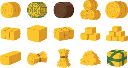 Set of various dry hay and straw bales in different shapes for farm and agriculture collection © azad