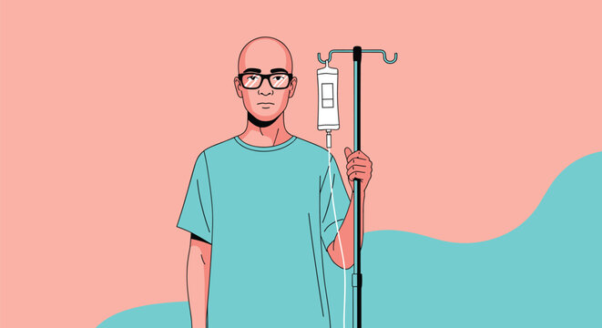 Brave bald patient in a clinical gown stands next to an intravenous drip stand during his medical therapy treatment.