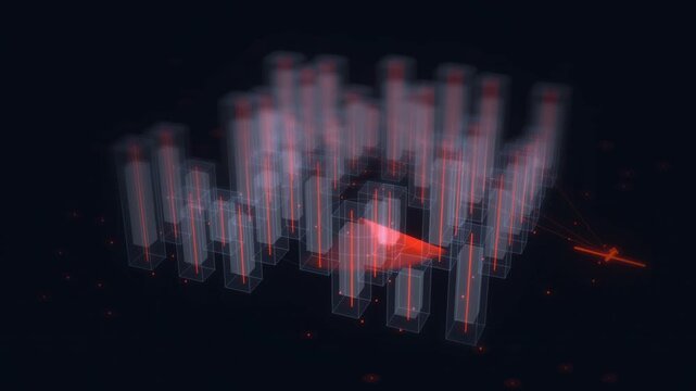 Abstract drone flies through a digital grid of glowing glass blocks in a futuristic 3D render for financial technology or data visualization concepts